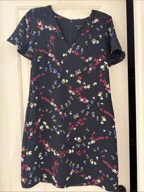 Ann Taylor Navy Floral V-Neck Shift Dress with Pink & Blue Accents